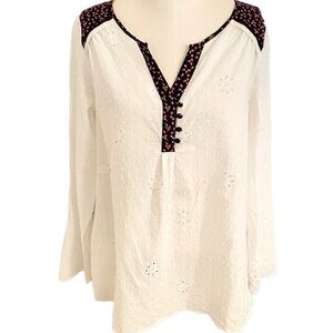 MATILDA JANE EMBROIDERED SPLIT NECK POINTELLE COTTON BLOUSE SIZE LARGE FLORAL